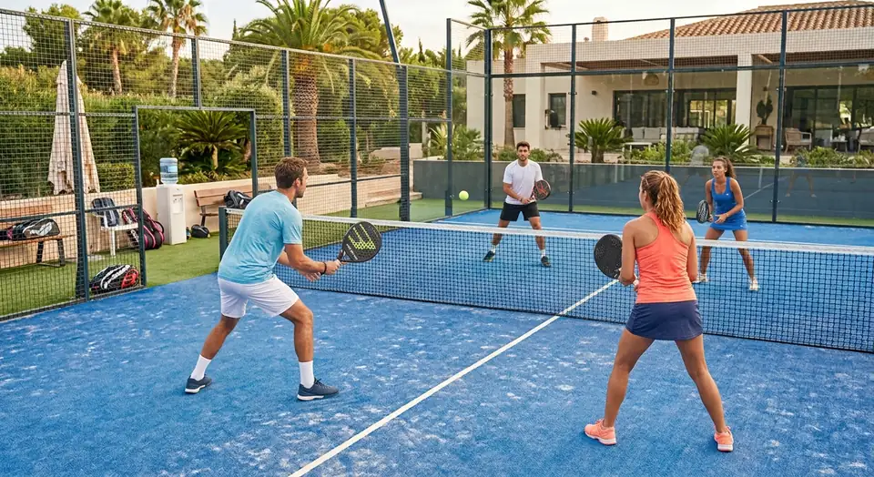 Four players in the middle of a doubles rally on a blue outdoor padel court.